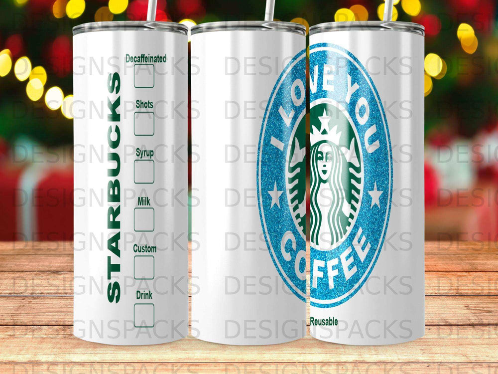 Starbucks logo on a blue tumbler with custom drink labels.