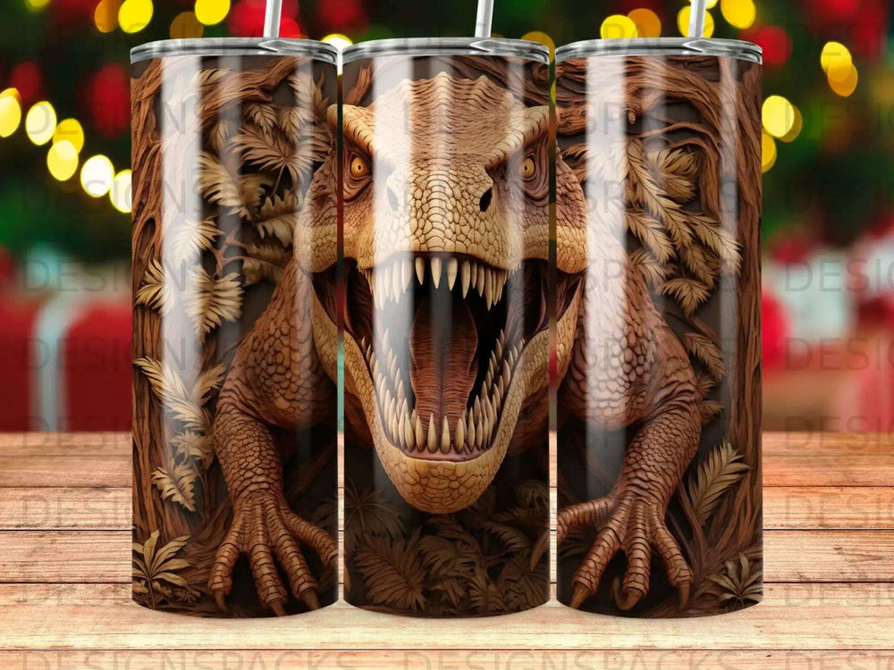 T-Rex dinosaur head with open mouth on a brown textured background.