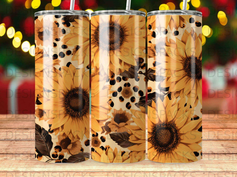 Sunflower and leopard print tumbler design with bokeh lights background.