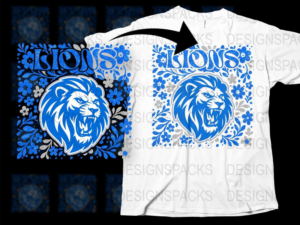 Men's White Graphic T-Shirt, Blue Lion Print, Floral Design, Casual Streetwear, Unique Animal Motif Tee