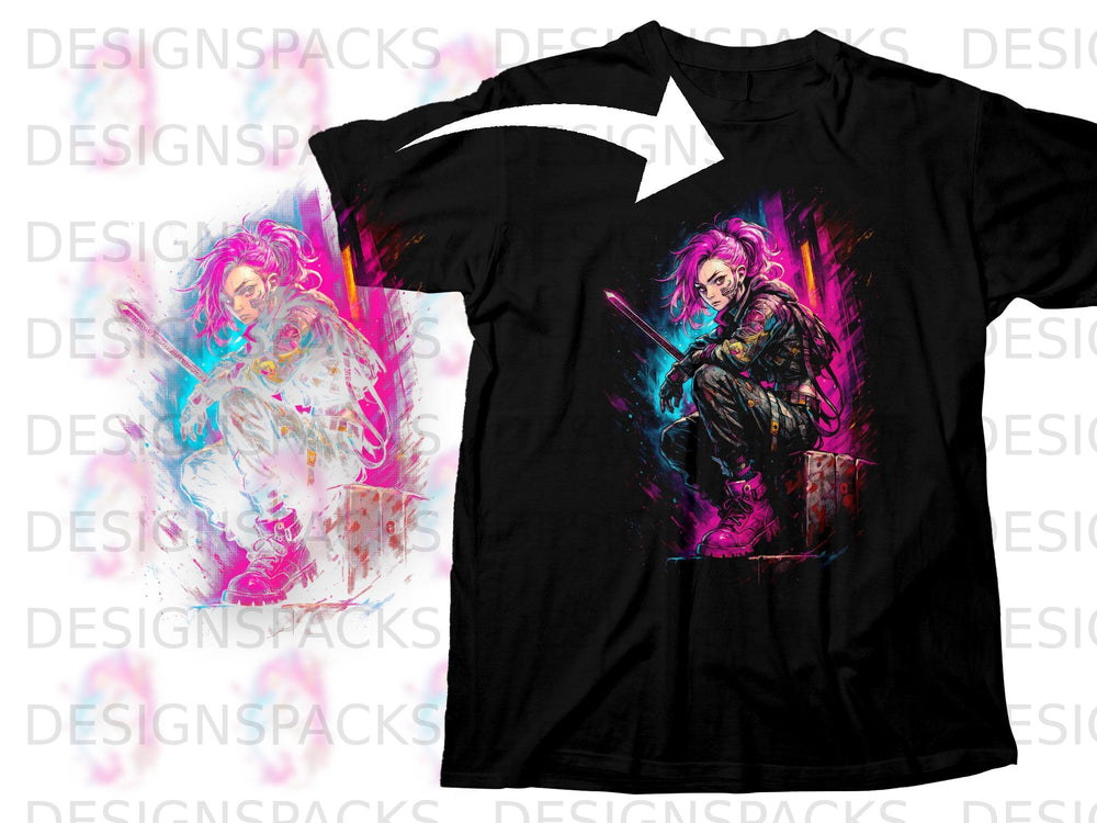 Black t-shirt with neon cyberpunk anime character holding a sword.