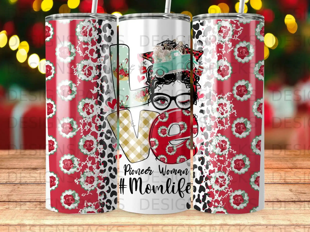Tumbler with "LOVE" and cow print, floral accents, and "Pioneer Woman #Momlife" text.