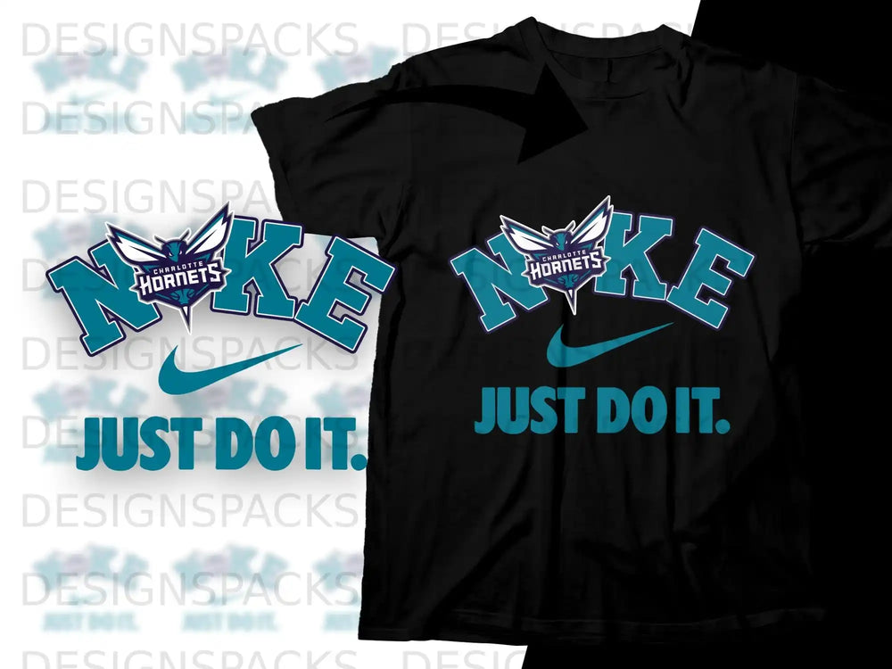 Black t-shirt with Nike logo and Charlotte Hornets, "JUST DO IT." text.