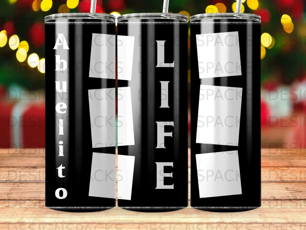 Black tumbler with "Life is beautiful" text and vertical stripes.