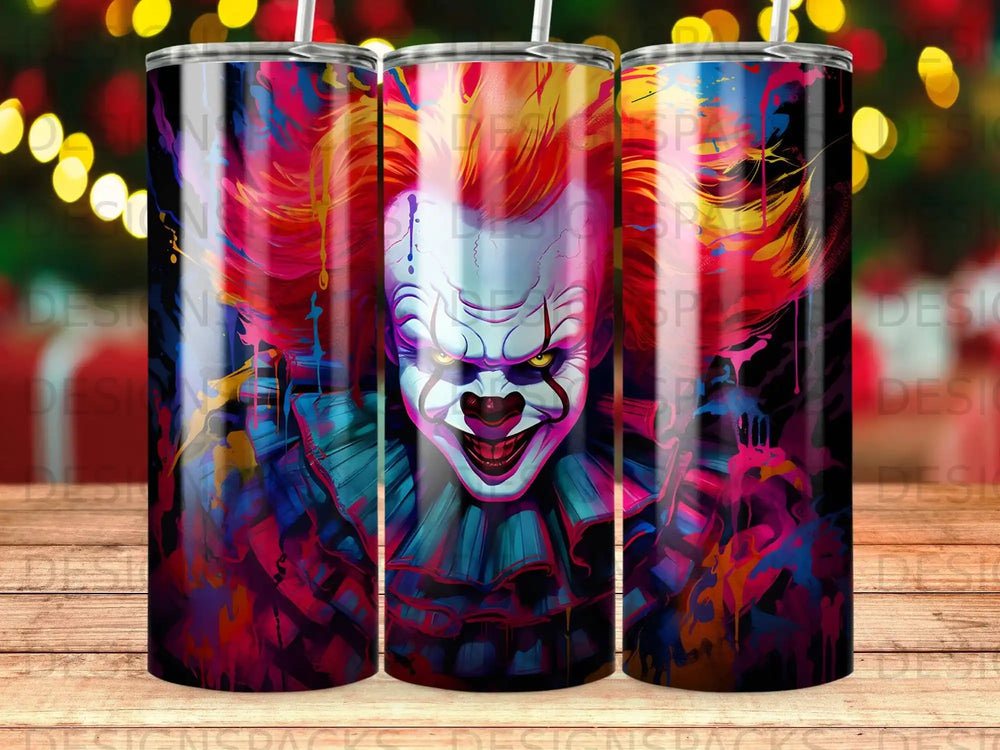 Clown face with colorful, wild hair and makeup, a spooky character.