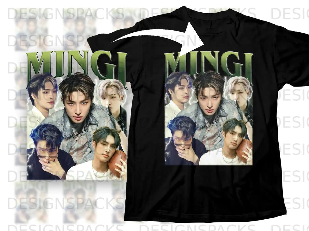 Black t-shirt featuring a collage of Mingi photos and "MINGI" text.