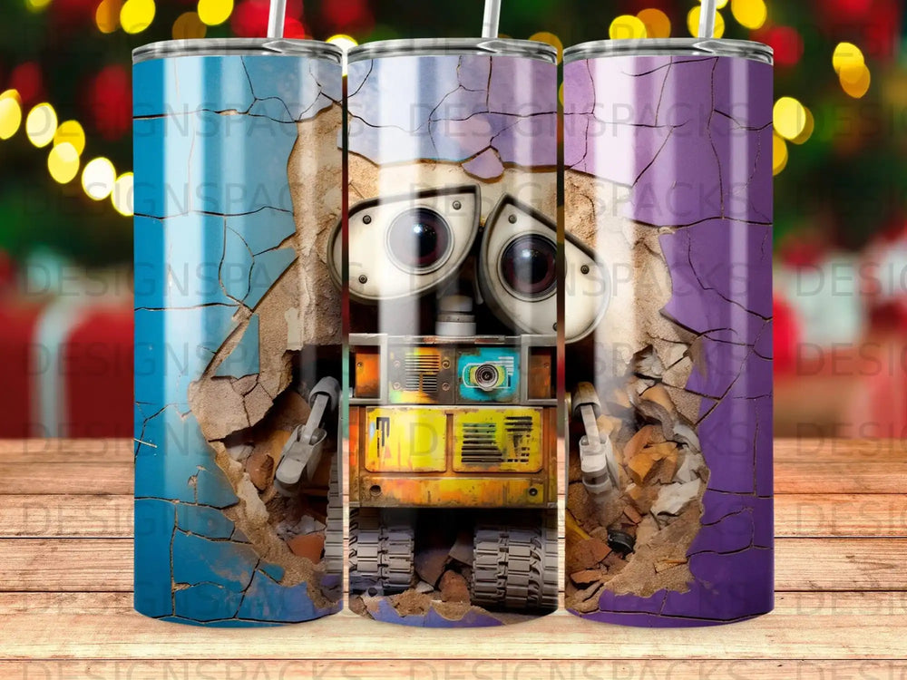 Wall-E character design on a set of three blue, purple, and pink broken-effect tumblers.