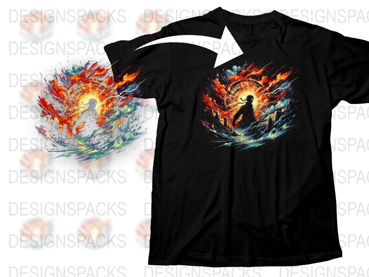 Graphic T-Shirt with Vibrant Fire and Water Abstract Art Design, Unisex Black Tee, Unique Print
