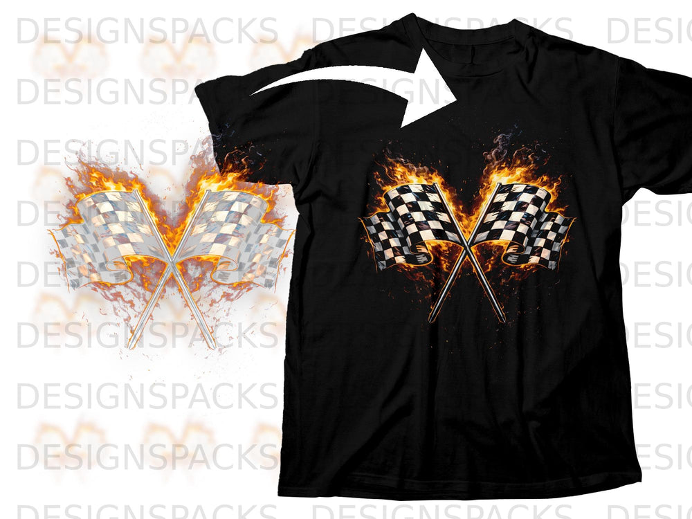 Black t-shirt with two flaming checkered flags graphic.