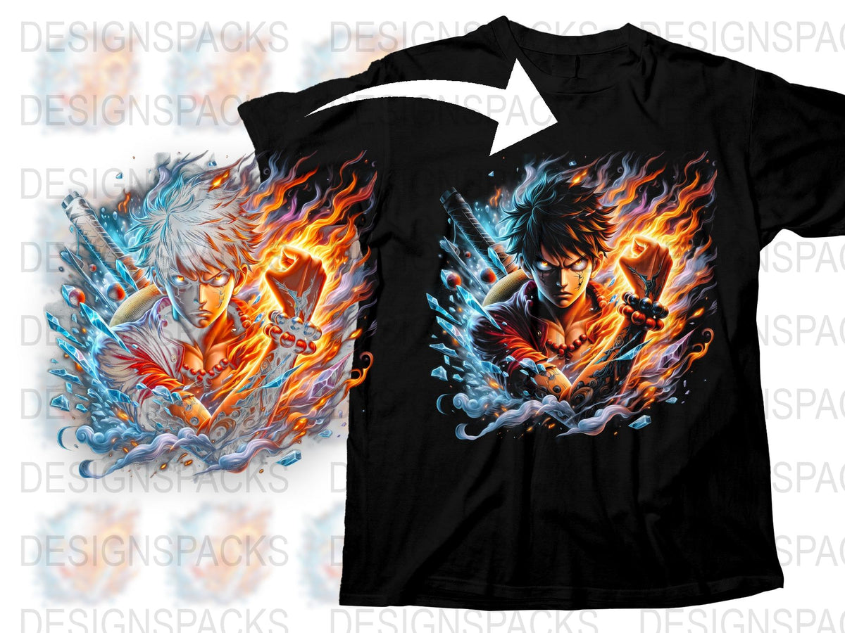 Anime Graphic T-Shirt, Fire and Ice Art Print, Unisex Cotton Tee, Flame and Frost Design, Fantasy Shirt, Cool Character Apparel