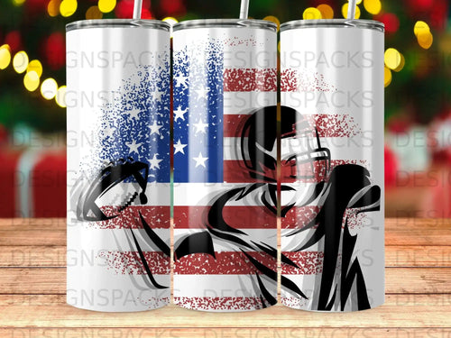 Football player silhouette superimposed over a distressed American flag design.
