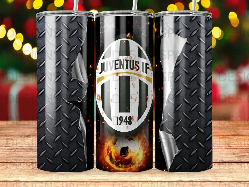 Juventus IF logo and text on a metallic-textured tumbler.