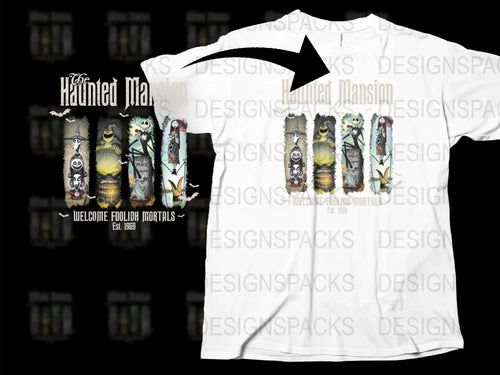 Haunted Mansion Themed T-Shirt, Gothic Style, Spooky Graphic Tee, Unisex Fashion, Welcome Foolish Mortals Design