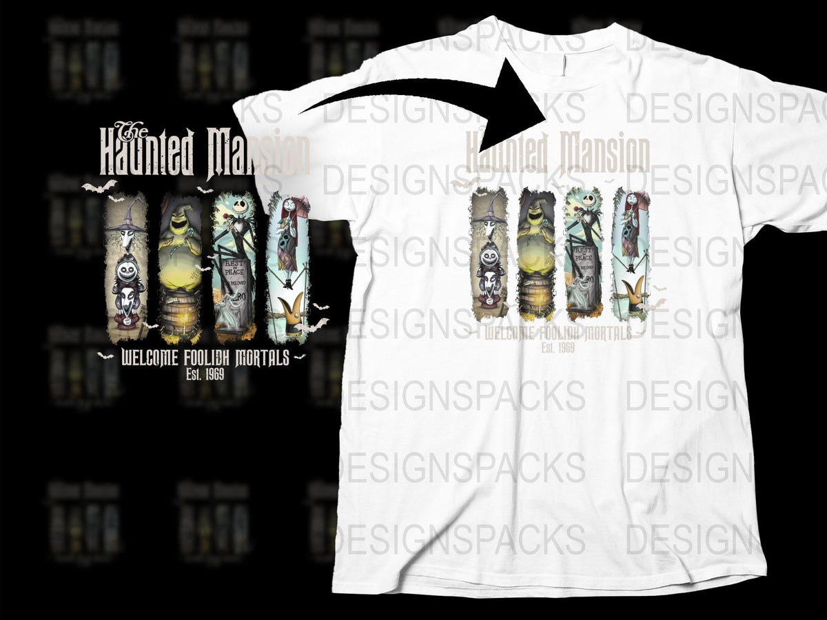 Haunted Mansion Themed T-Shirt, Gothic Style, Spooky Graphic Tee, Unisex Fashion, Welcome Foolish Mortals Design
