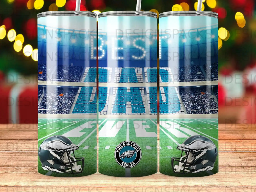 Stadium with "BEST DAD" illuminated, Eagles helmet, and football field.