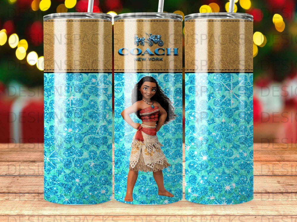 Moana and Coach New York logo on a sparkly blue tumbler.