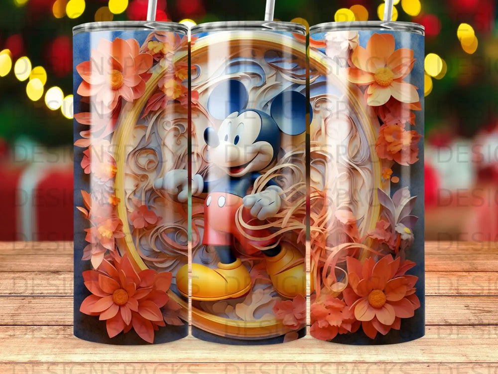 Mickey Mouse in a golden frame with orange floral accents on a tumbler.