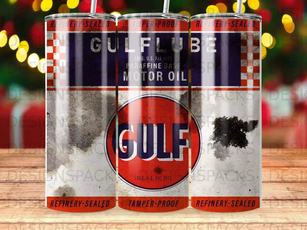 Gulf Lube Motor Oil can with red and blue logo.