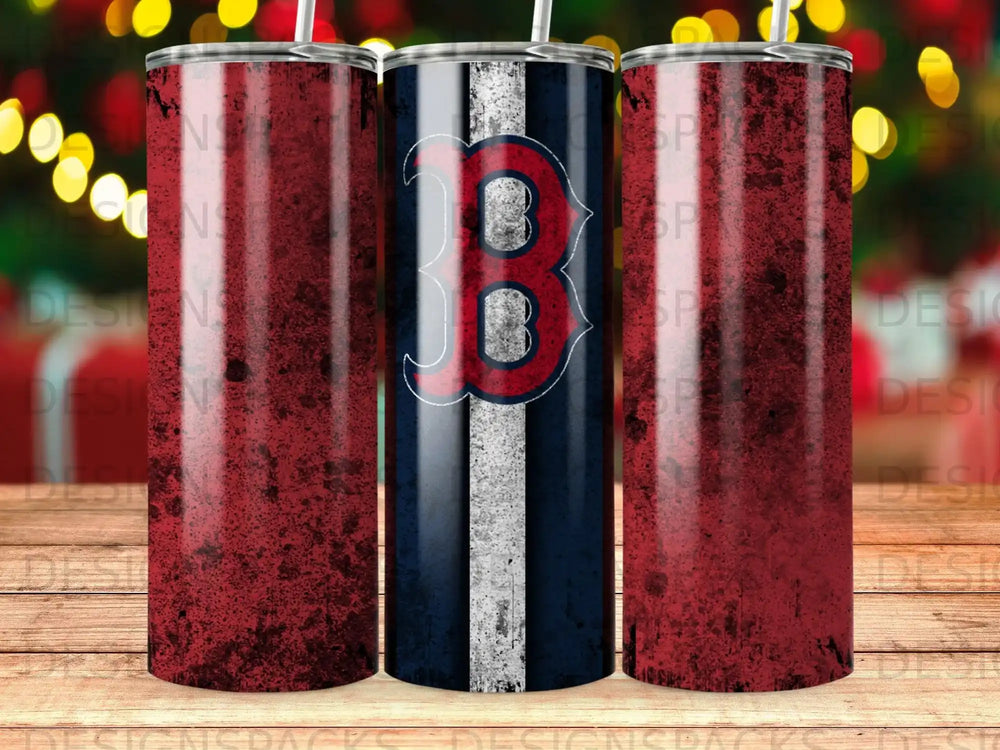 Boston Red Sox logo on three tumblers with a dark, distressed background.