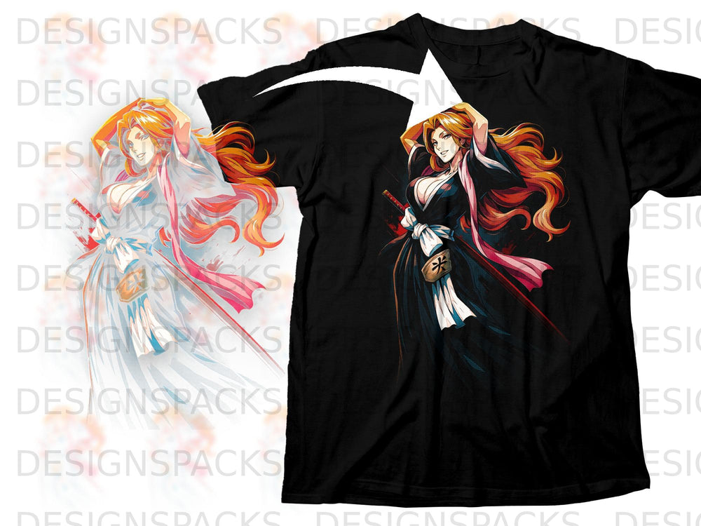 Anime character with orange hair and a sword on a black t-shirt.