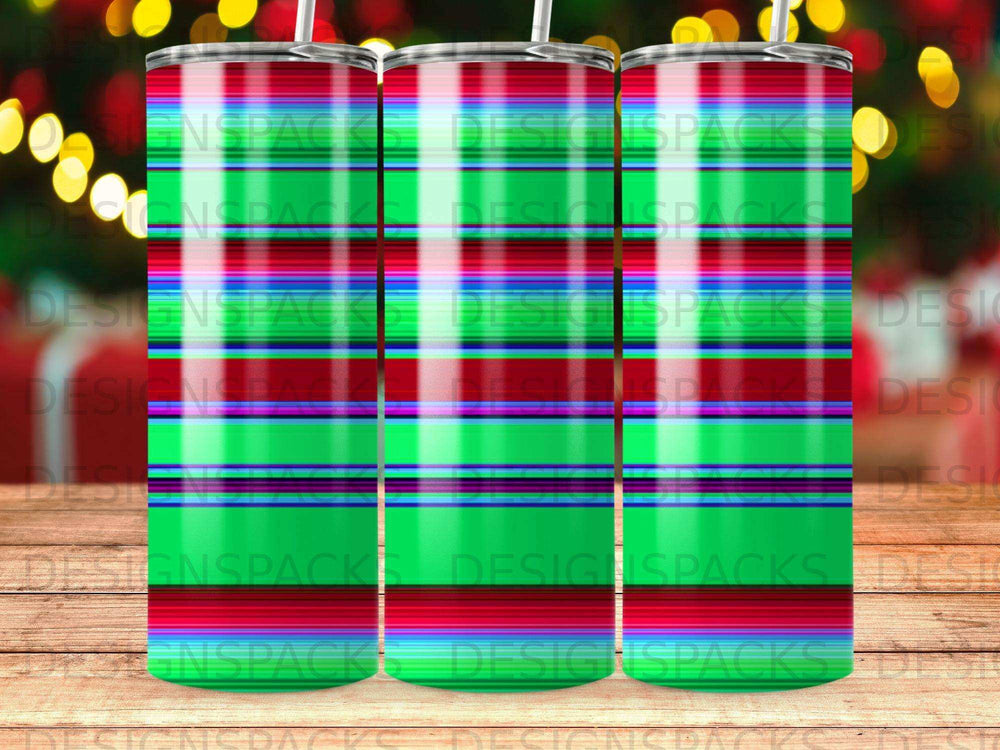 Tumbler with colorful horizontal stripes in green, red, and blue.