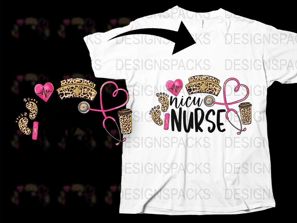 NICU Nurse T-Shirt, Leopard Print Stethoscope, Heart Design, Medical Staff Apparel, Gift for Nurses, Trendy Nursing Tee