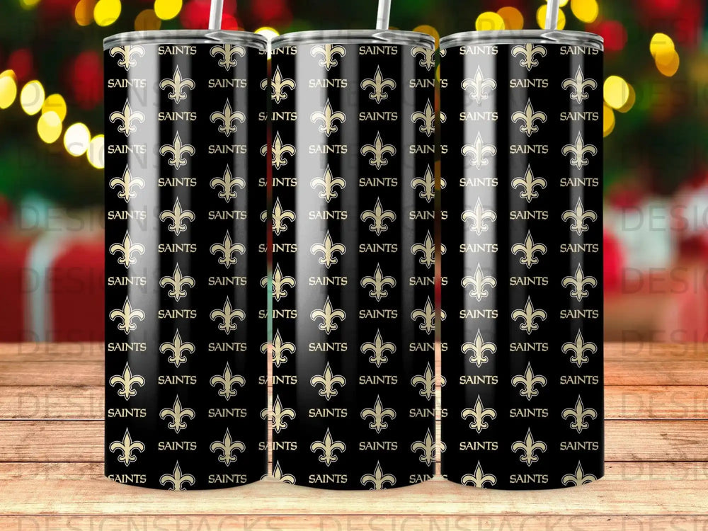 Pattern of "Saints" text and fleur-de-lis symbols on black tumblers.