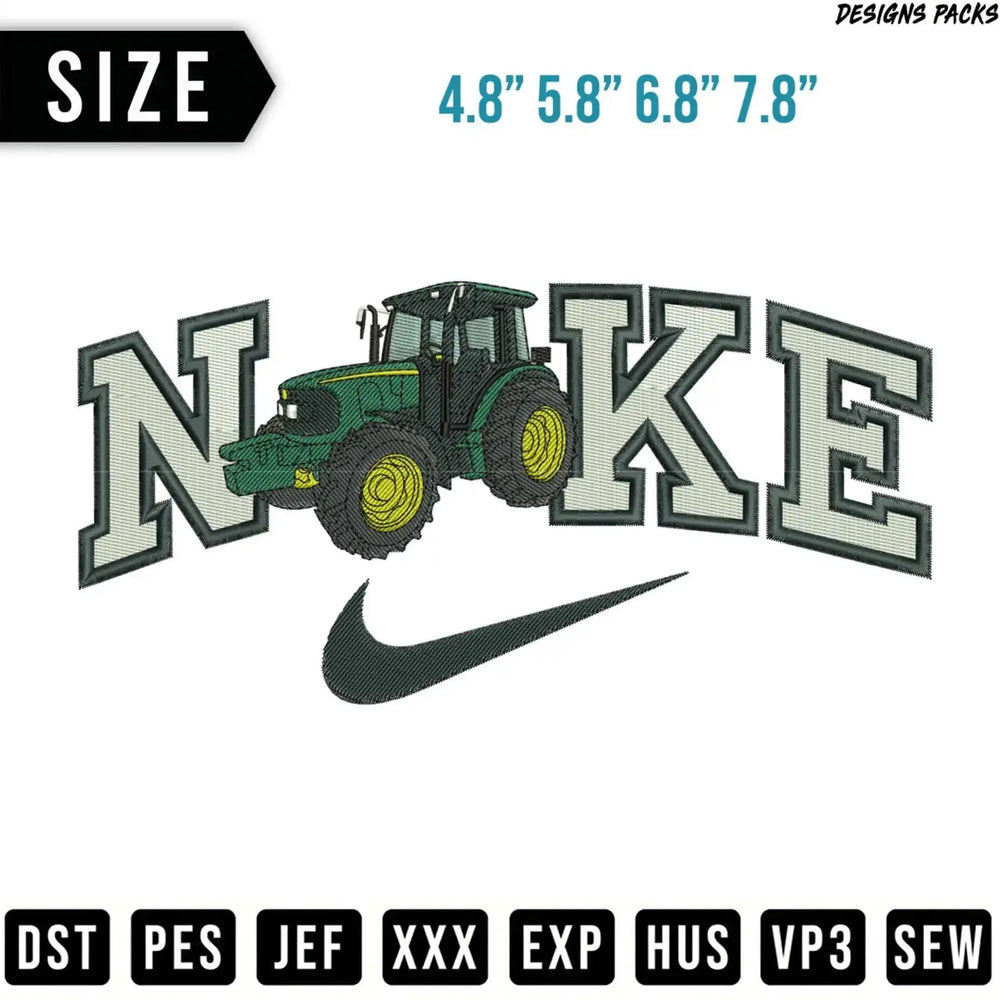 Embroidered Nike logo with tractor and size options.