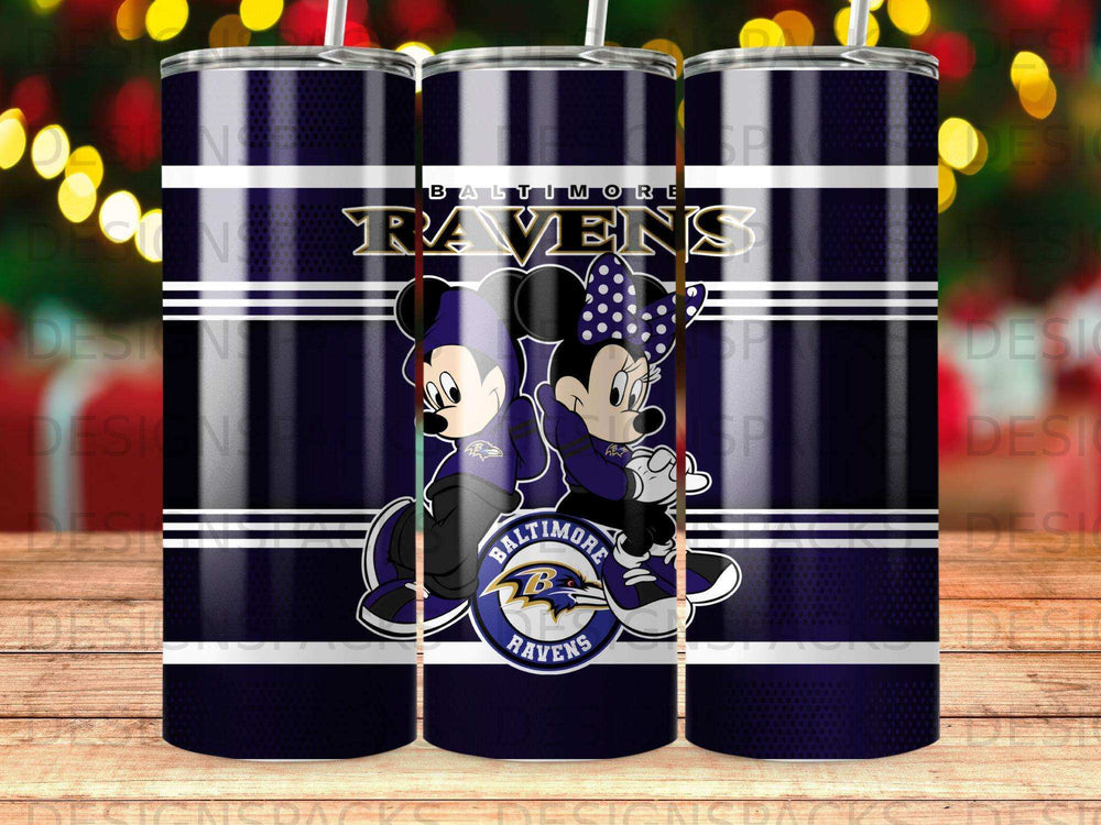 Baltimore Ravens logo with Mickey and Minnie Mouse characters.