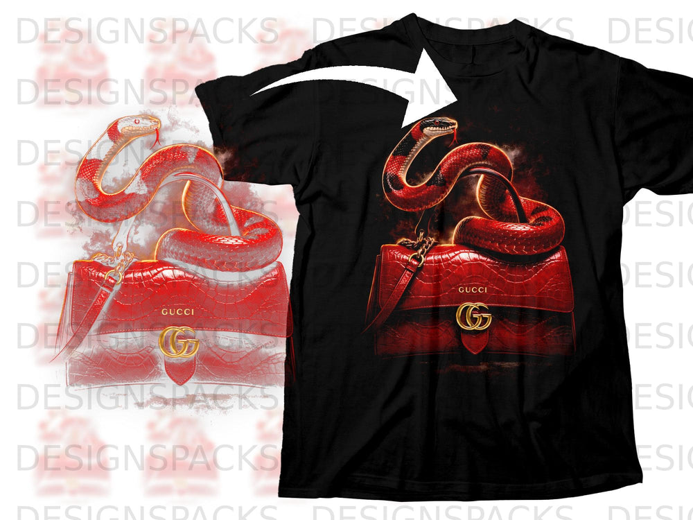 Black t-shirt with a red snake wrapped around a red Gucci handbag.