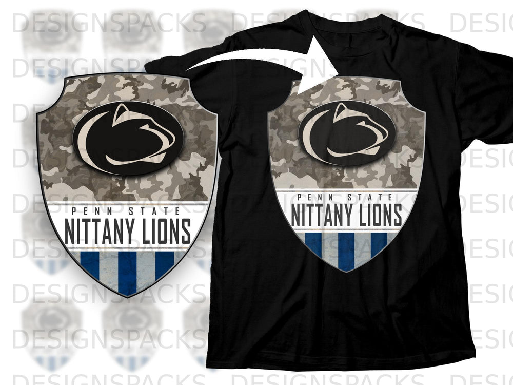 Black t-shirt with Penn State Nittany Lions logo and camouflage shield design.