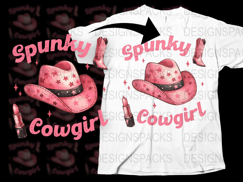 Spunky Cowgirl T-Shirt, Pink Western Hat and Boots, Star Print, Graphic Tee for Women