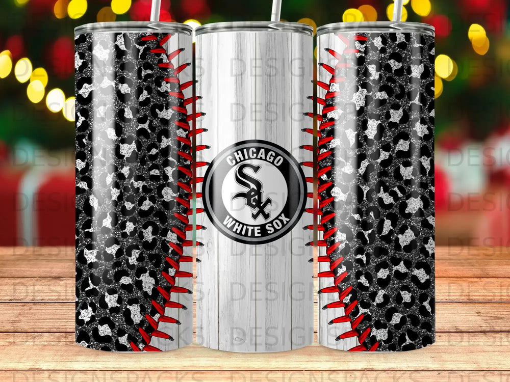 Chicago White Sox baseball tumbler with leopard print and stitched details.