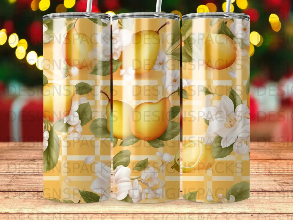 Three tumblers with a yellow and white floral design and repeated "DESIGN&PACKS" text.