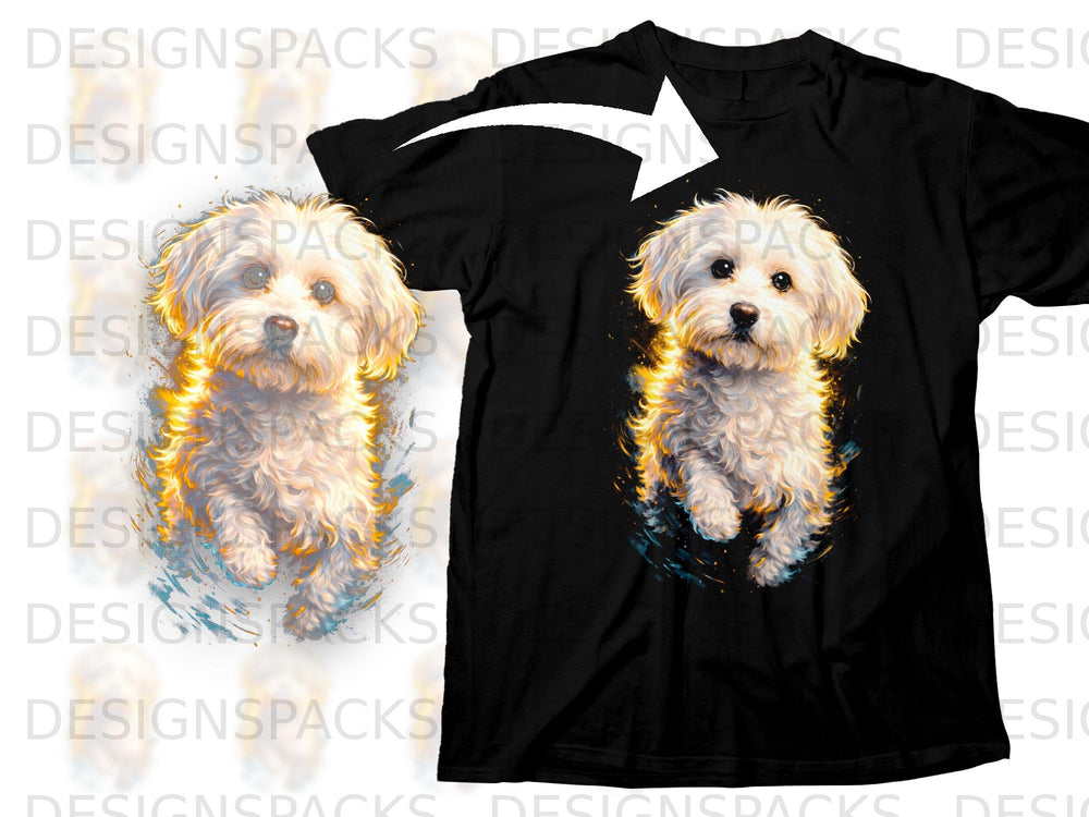 Black t-shirt featuring a fluffy white dog illustration with golden accents.