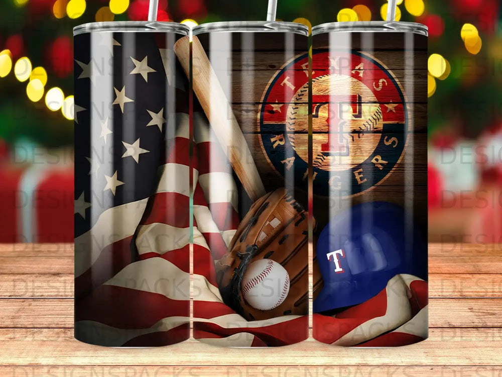 Baseball equipment and American flag on a wooden surface.