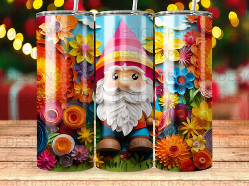 Gnome in colorful clothes with floral background and rainbow hat.