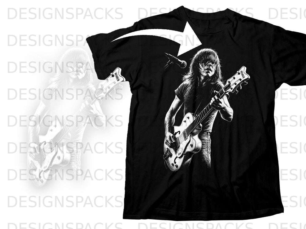 Black t-shirt with graphic of a musician playing guitar and a microphone.