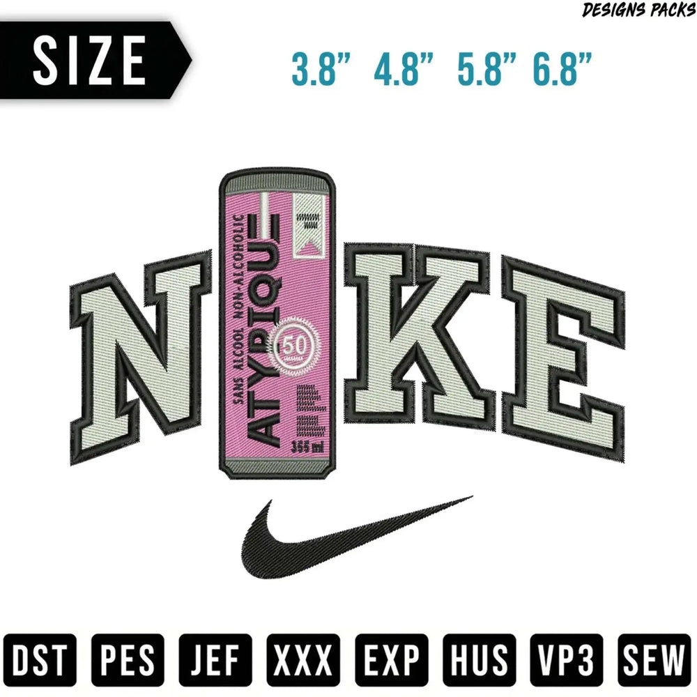 Nike logo and "ATYPIQUE" text on a non-alcoholic drink can.