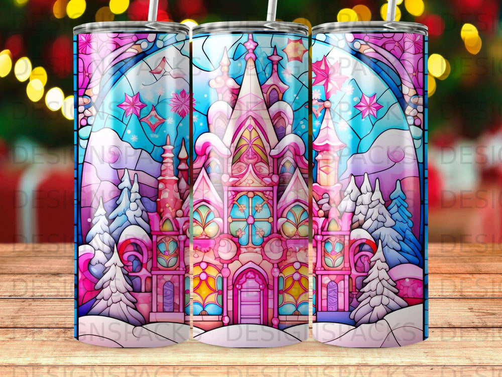 Pink and blue stained-glass castle with snow and snowflakes, three tumblers shown.