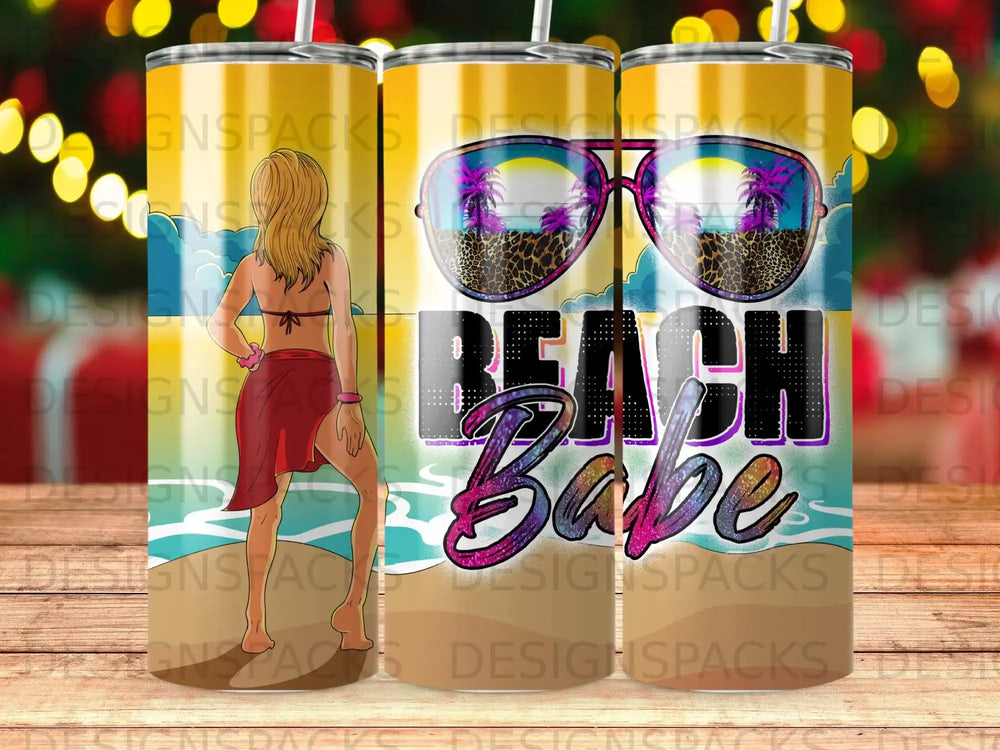 Beach Babe leopard print sunglasses and palm trees on a tumbler.