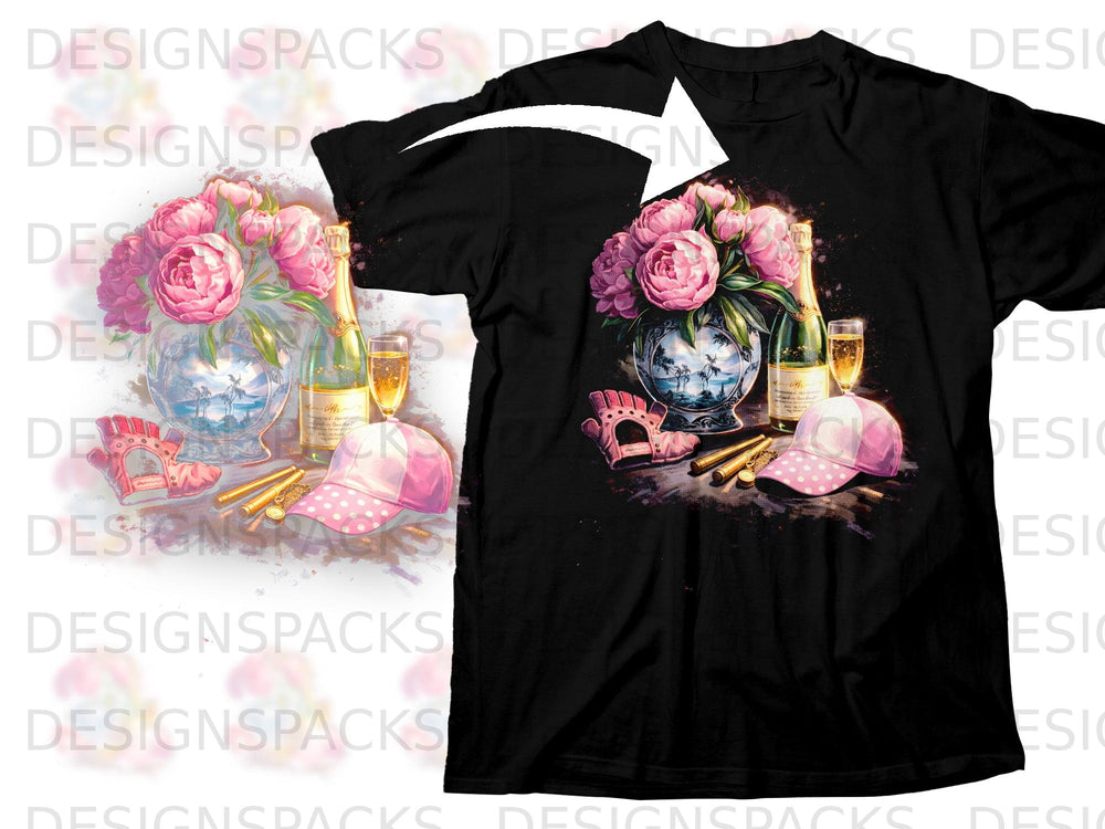 Black t-shirt with peonies, champagne, baseball cap, and pink gloves graphic.