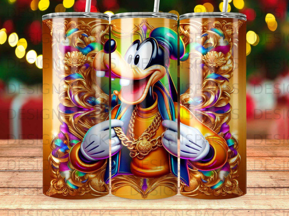 Goofy character in ornate gold frame with bling, on three tumblers.