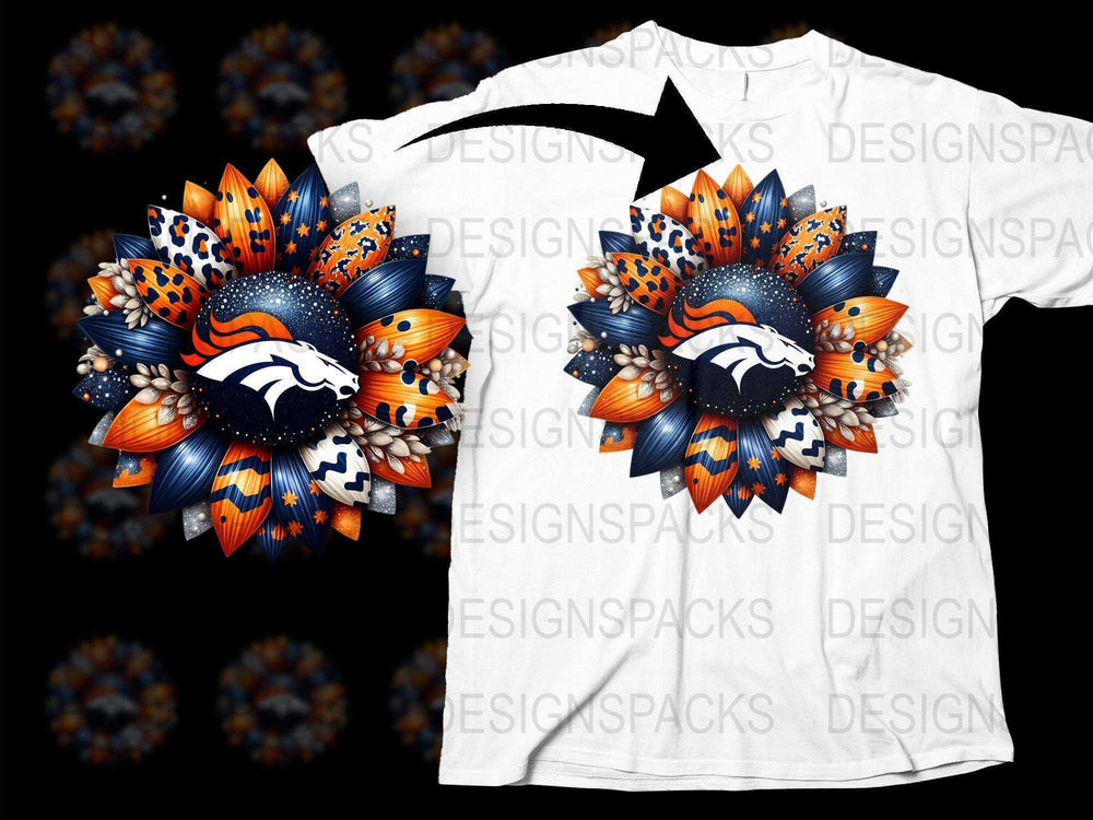 Denver Football Inspired Floral T-Shirt, Blue Orange Sunflower Women's Tee, Sports Fan Apparel