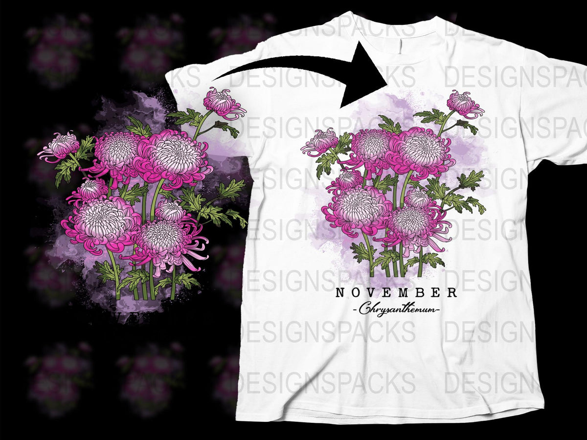 November Chrysanthemum Floral Graphic T-Shirt, Pink and Purple Flowers, Botanical Art Tee, Casual Fashion, Unisex Clothing