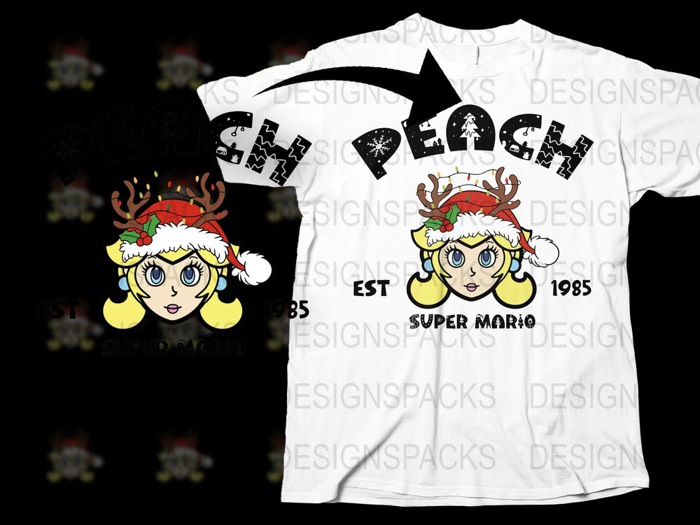 Vintage Super Mario Princess Peach Christmas T-Shirt, Festive Gamer Clothing, 1985 Retro Graphic Tee, Unique Holiday Gift
