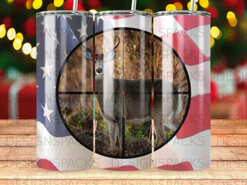 Deer in a rifle scope, overlaid with US flag pattern.