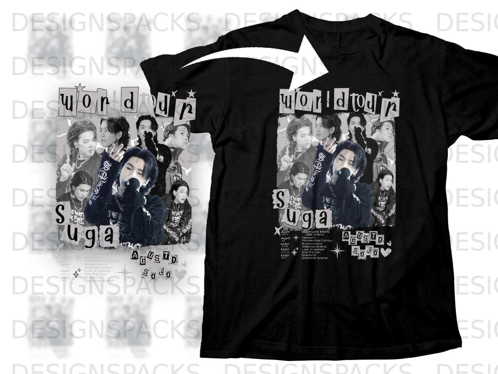 Black t-shirt with Suga's "D-Day" world tour graphic and tour dates.