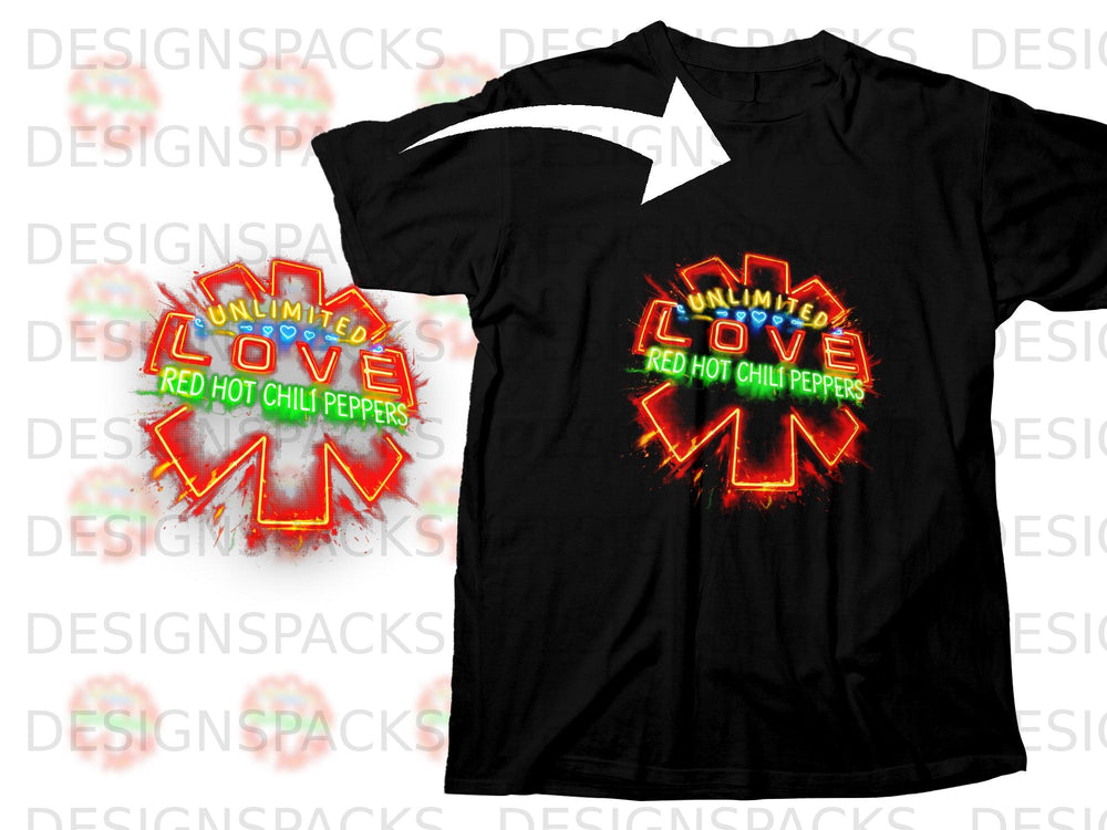 Black t-shirt with Red Hot Chili Peppers "Unlimited Love" album art graphic.