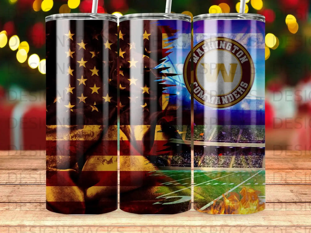 American flag and Washington Commanders logo on three metal tumblers.